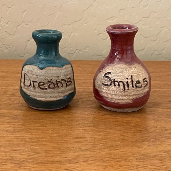 Set of 2 Small Vases Dreams Smiles Mother Earth Pottery Unique! - Picture 1 of 7